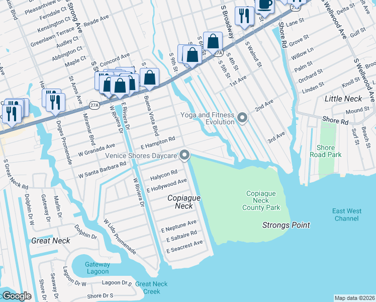 map of restaurants, bars, coffee shops, grocery stores, and more near 109 East Santa Barbara Road in Lindenhurst