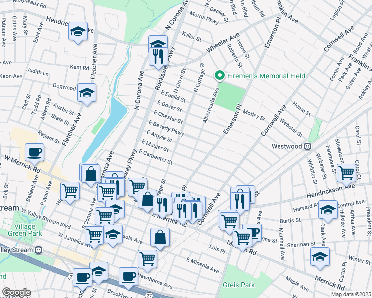 map of restaurants, bars, coffee shops, grocery stores, and more near 76 East Argyle Street in Valley Stream