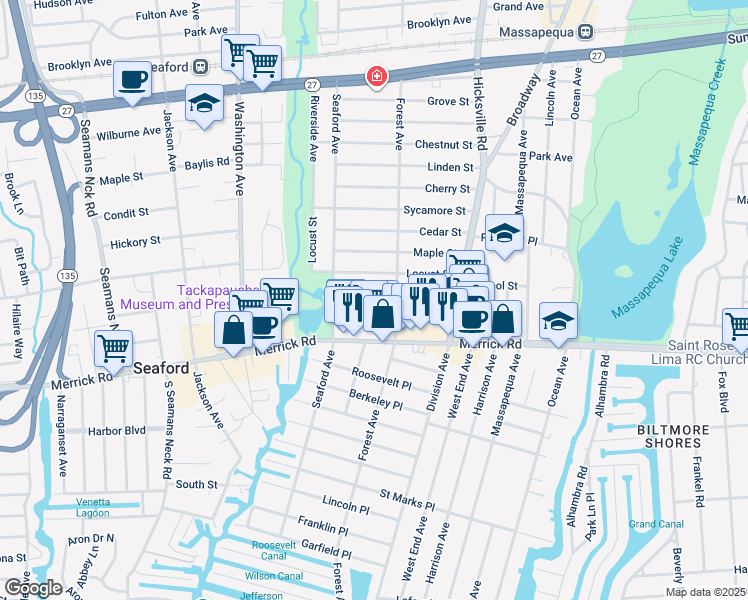 map of restaurants, bars, coffee shops, grocery stores, and more near 28 Elm Street in Massapequa