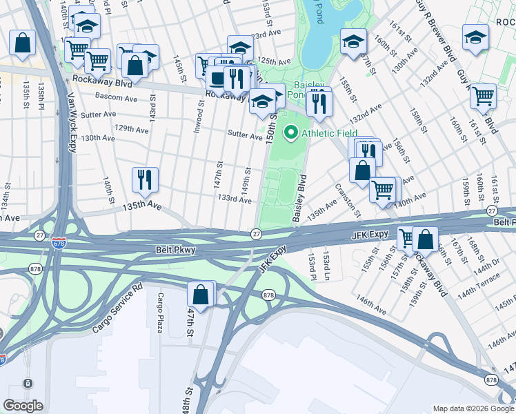 map of restaurants, bars, coffee shops, grocery stores, and more near 150th Street in Queens