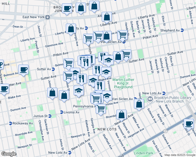map of restaurants, bars, coffee shops, grocery stores, and more near 381 Pennsylvania Avenue in Brooklyn