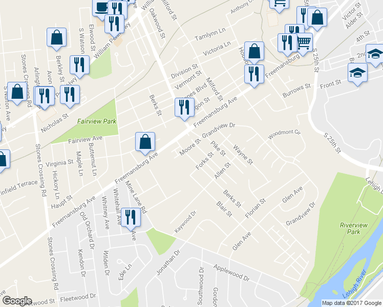 map of restaurants, bars, coffee shops, grocery stores, and more near 106 Berks Street in Easton