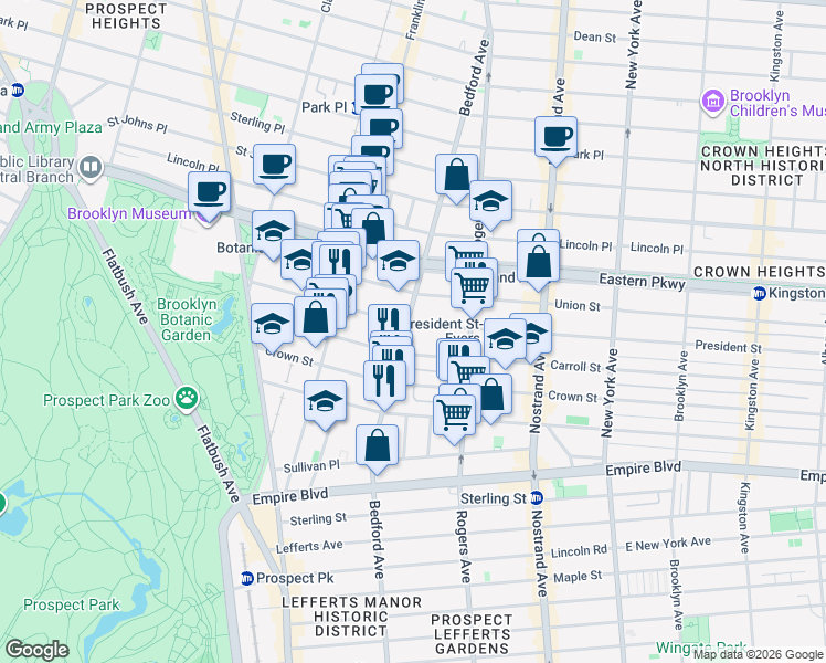 map of restaurants, bars, coffee shops, grocery stores, and more near 1585 Bedford Avenue in Brooklyn
