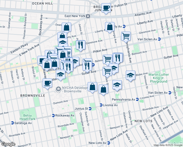 map of restaurants, bars, coffee shops, grocery stores, and more near 456 Sutter Avenue in Brooklyn