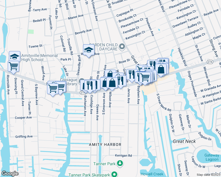 map of restaurants, bars, coffee shops, grocery stores, and more near Montauk Highway & Wilson Avenue in Copiague