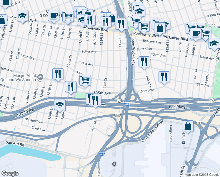 map of restaurants, bars, coffee shops, grocery stores, and more near 134-12 134th Avenue in Queens