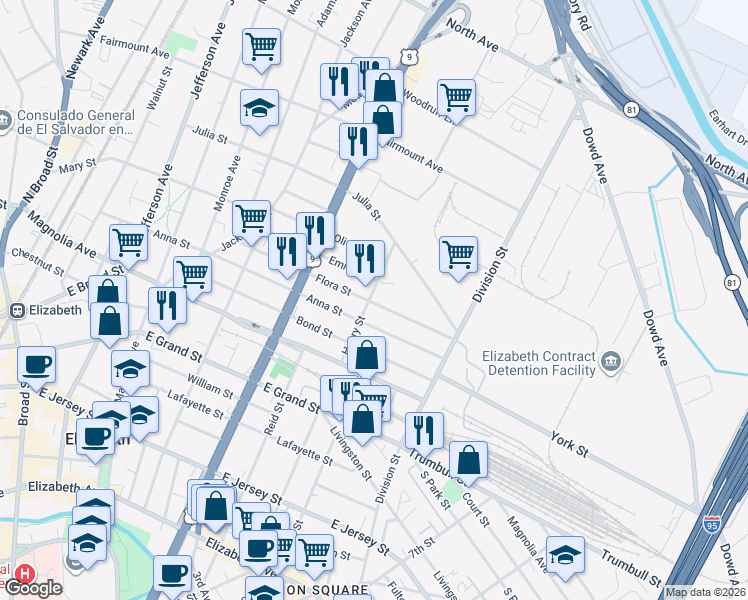 map of restaurants, bars, coffee shops, grocery stores, and more near 461 Henry Street in Elizabeth