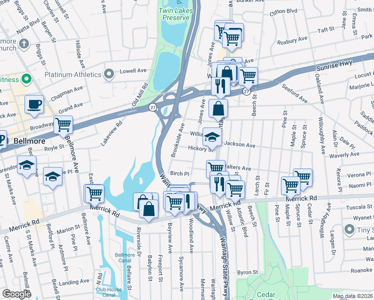 map of restaurants, bars, coffee shops, grocery stores, and more near 3162 Hickory Street in Wantagh