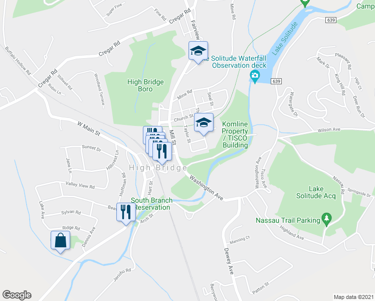 map of restaurants, bars, coffee shops, grocery stores, and more near 54 Taylor Street in High Bridge