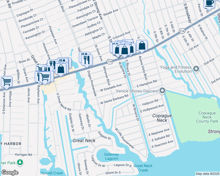 map of restaurants, bars, coffee shops, grocery stores, and more near 101 West Granada Avenue in Lindenhurst