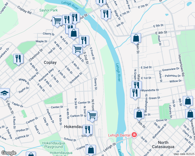 map of restaurants, bars, coffee shops, grocery stores, and more near 3448 Quarry Street in Hokendauqua