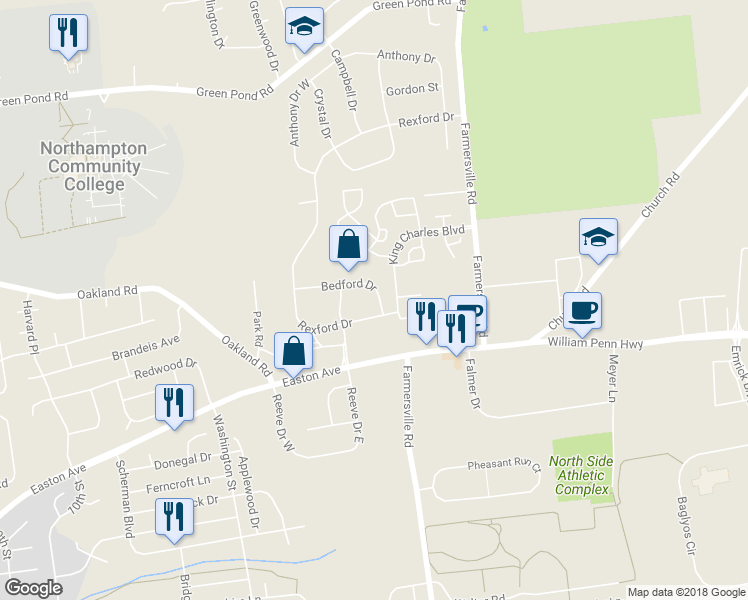 map of restaurants, bars, coffee shops, grocery stores, and more near 4232 Bedford Drive in Bethlehem