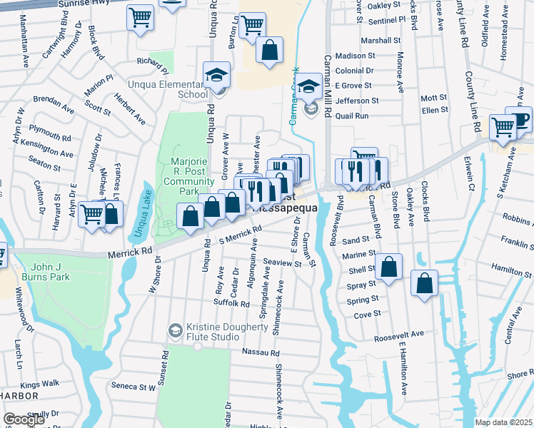 map of restaurants, bars, coffee shops, grocery stores, and more near in East Massapequa