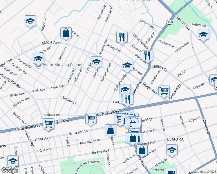 map of restaurants, bars, coffee shops, grocery stores, and more near 152 Springfield Road in Elizabeth