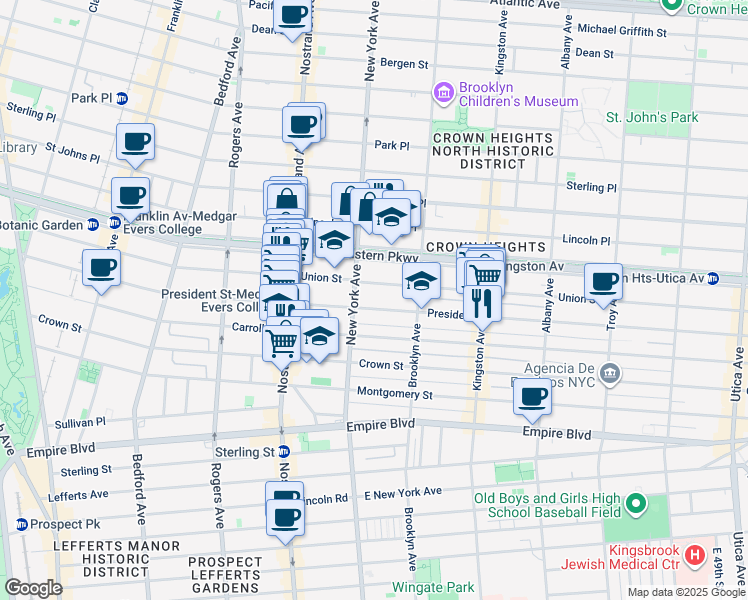 map of restaurants, bars, coffee shops, grocery stores, and more near 1281 President Street in Brooklyn