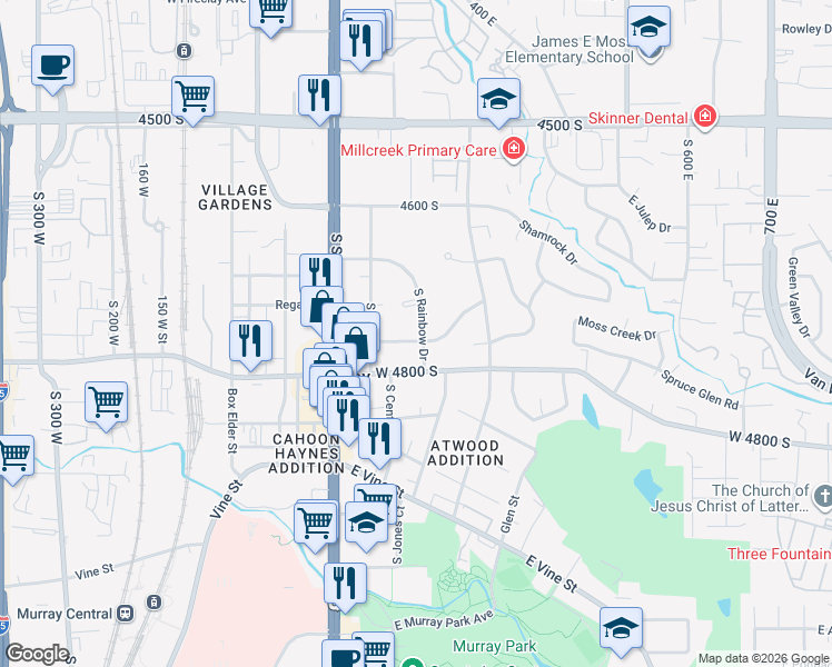 map of restaurants, bars, coffee shops, grocery stores, and more near 4766 South Rainbow Drive in Murray