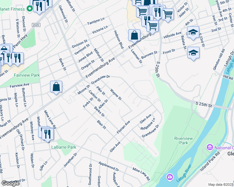map of restaurants, bars, coffee shops, grocery stores, and more near 1306 Wayne Street in Easton