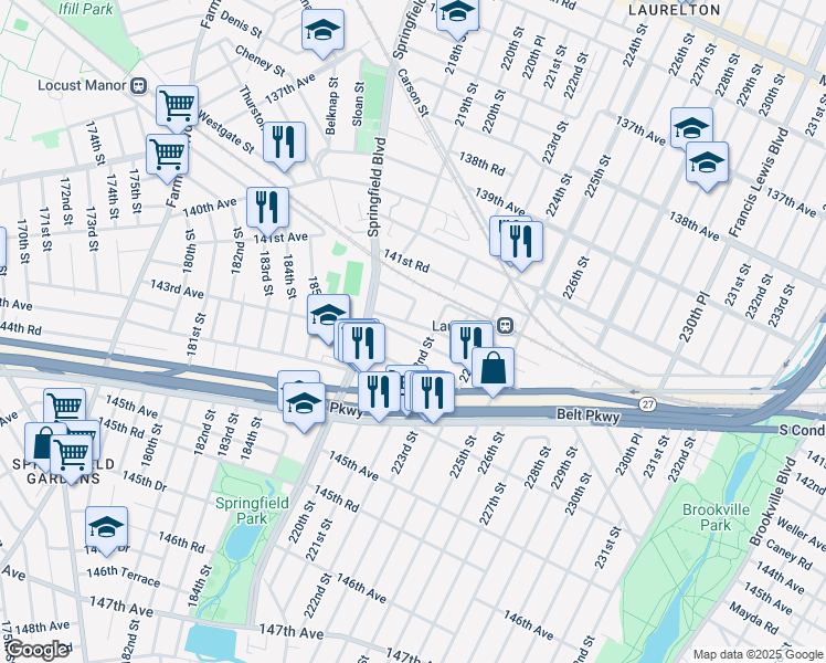 map of restaurants, bars, coffee shops, grocery stores, and more near 219-47 143rd Avenue in Queens