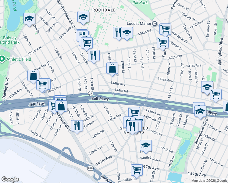 map of restaurants, bars, coffee shops, grocery stores, and more near 168-08 144th Road in Queens