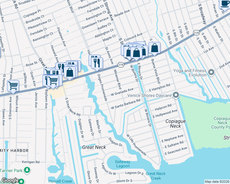 map of restaurants, bars, coffee shops, grocery stores, and more near 120 West Granada Avenue in Lindenhurst