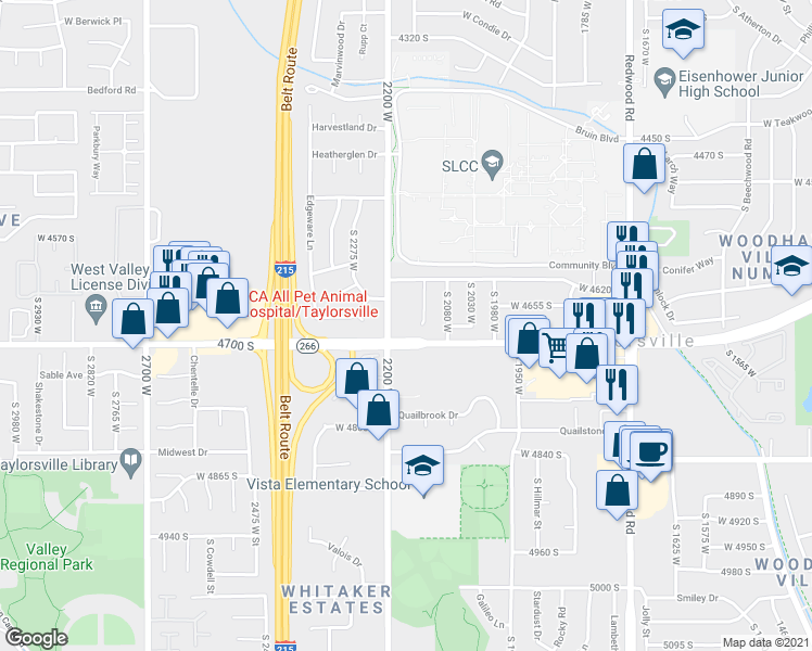 map of restaurants, bars, coffee shops, grocery stores, and more near 2160 West 4700 South in Salt Lake City