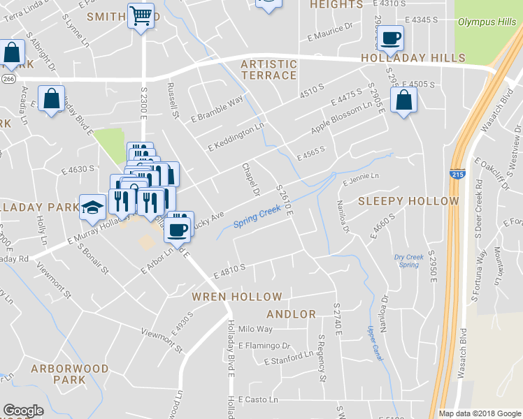 map of restaurants, bars, coffee shops, grocery stores, and more near 2608 Kentucky Avenue in Holladay