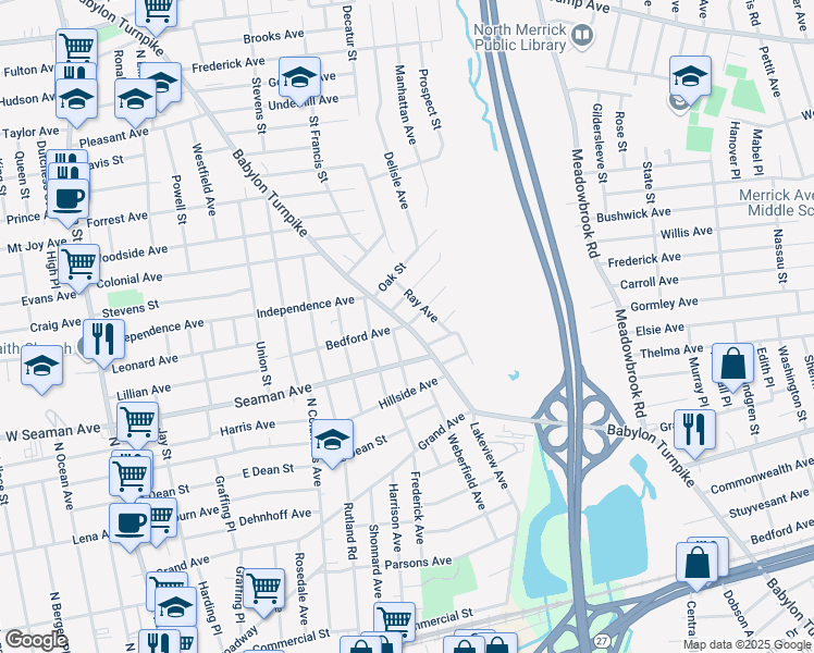 map of restaurants, bars, coffee shops, grocery stores, and more near Babylon Turnpike & Bedford Ave in Freeport