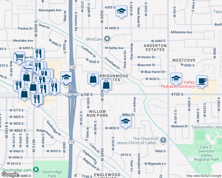 map of restaurants, bars, coffee shops, grocery stores, and more near 3546 West Franco Court in Taylorsville