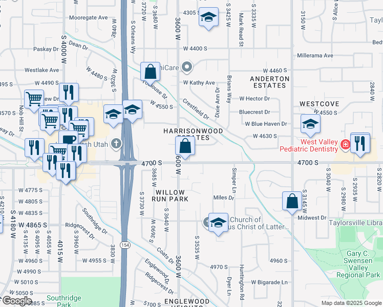 map of restaurants, bars, coffee shops, grocery stores, and more near 3554 West Franco Court in Taylorsville