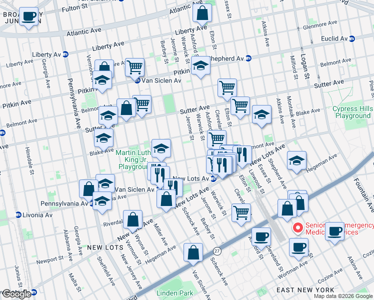 map of restaurants, bars, coffee shops, grocery stores, and more near 542 Jerome Street in Brooklyn