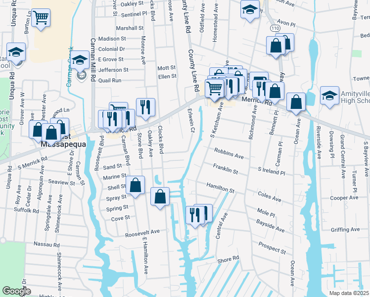 map of restaurants, bars, coffee shops, grocery stores, and more near 23 Lake Street in Massapequa