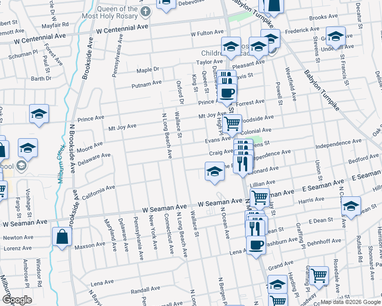 map of restaurants, bars, coffee shops, grocery stores, and more near 96 Craig Avenue in Freeport