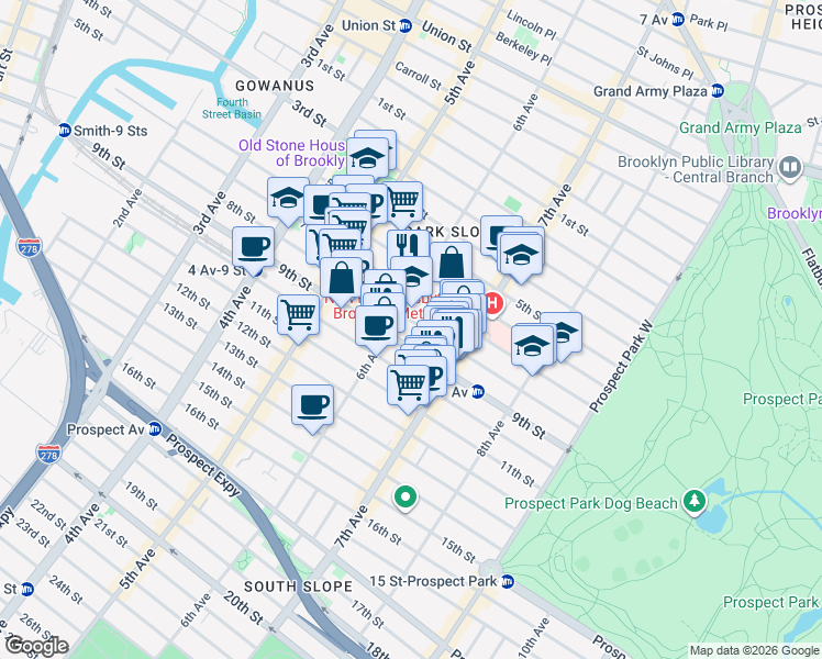 map of restaurants, bars, coffee shops, grocery stores, and more near 393 9th Street in Brooklyn