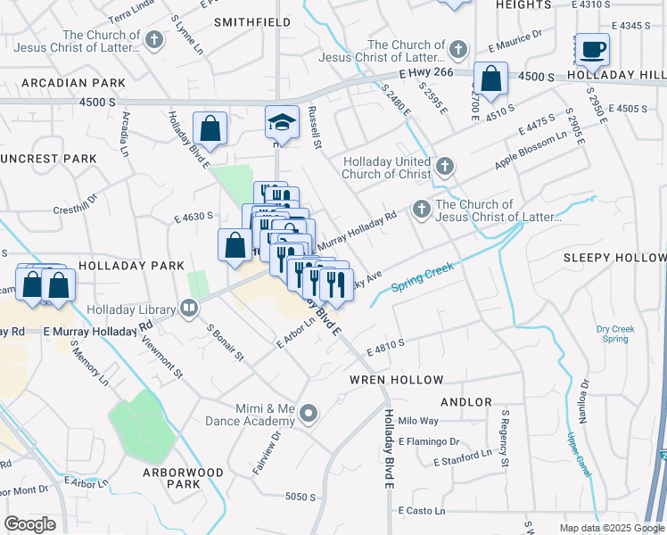 map of restaurants, bars, coffee shops, grocery stores, and more near 4679 South Hadley Pines Court in Holladay