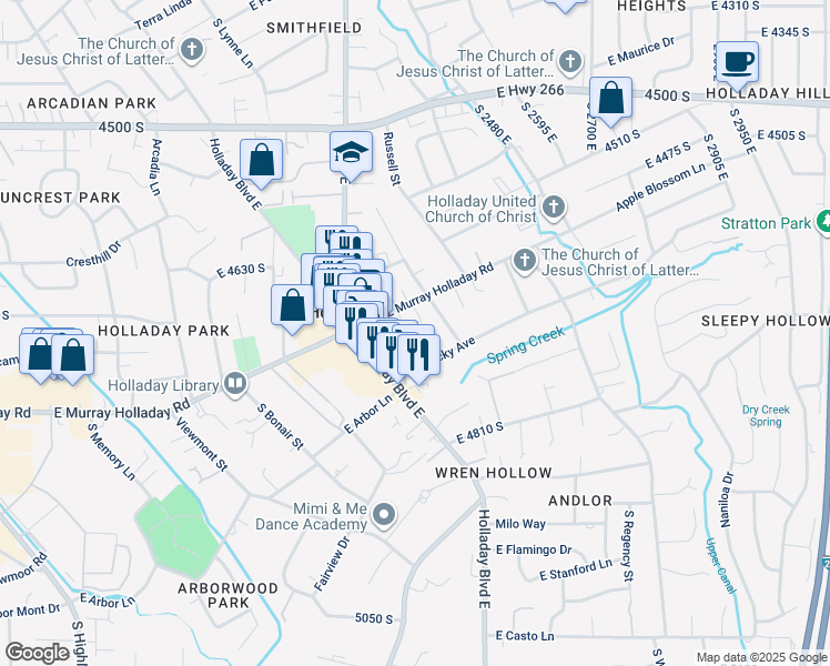map of restaurants, bars, coffee shops, grocery stores, and more near 4679 South Hadley Pines Court in Holladay