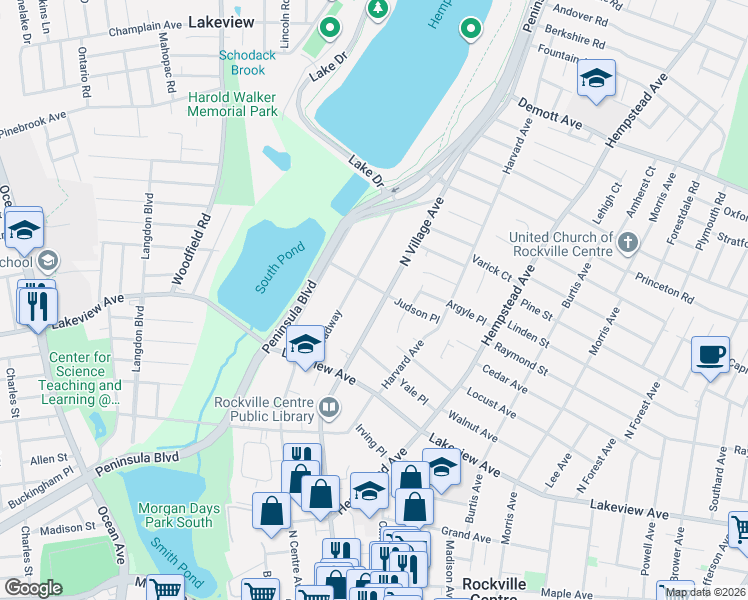 map of restaurants, bars, coffee shops, grocery stores, and more near 69 Broadway in Rockville Centre