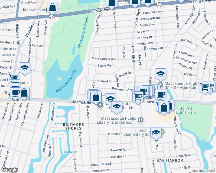 map of restaurants, bars, coffee shops, grocery stores, and more near 44 Beaumont Avenue in Massapequa