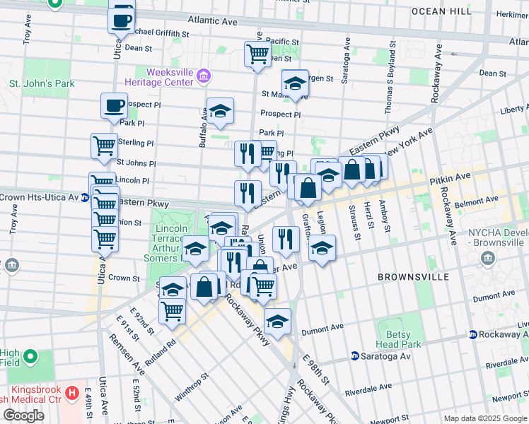 map of restaurants, bars, coffee shops, grocery stores, and more near 1410 Pitkin Avenue in Brooklyn
