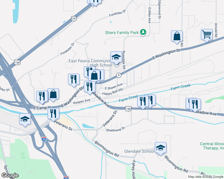 map of restaurants, bars, coffee shops, grocery stores, and more near 138 E Sheen Ave in East Peoria