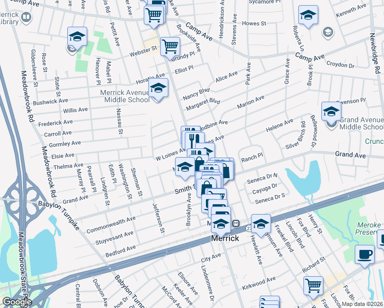 map of restaurants, bars, coffee shops, grocery stores, and more near 139 Merrick Avenue North in Merrick