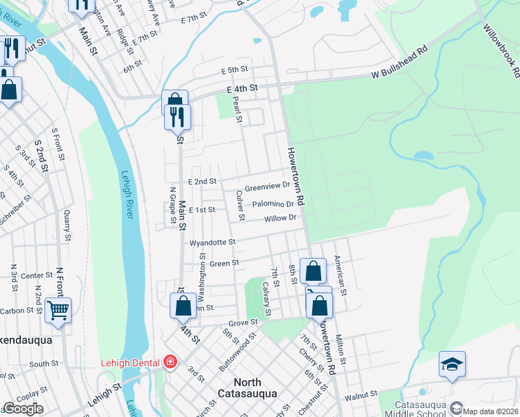 map of restaurants, bars, coffee shops, grocery stores, and more near 740 Willow Drive in Catasauqua