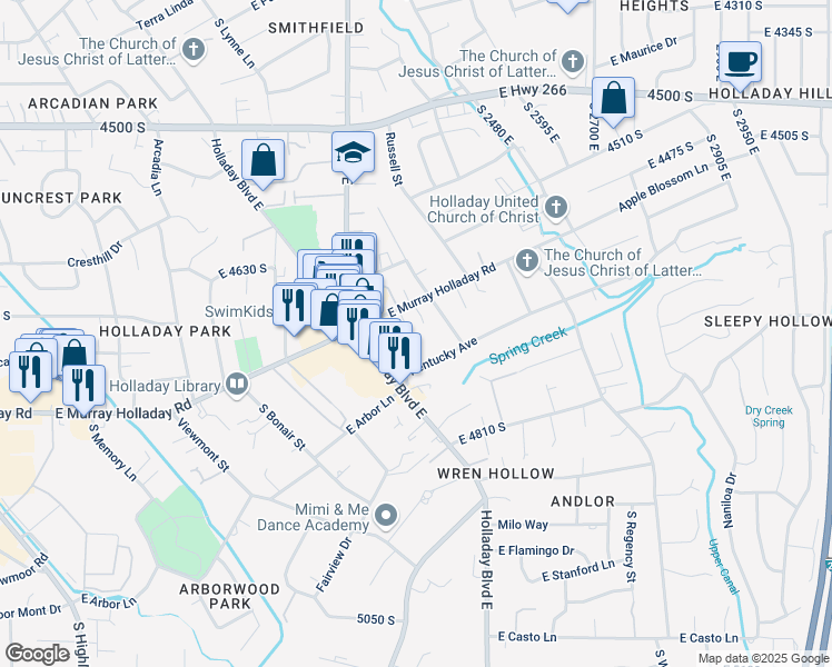 map of restaurants, bars, coffee shops, grocery stores, and more near 4679 South Hadley Pines Court in Holladay