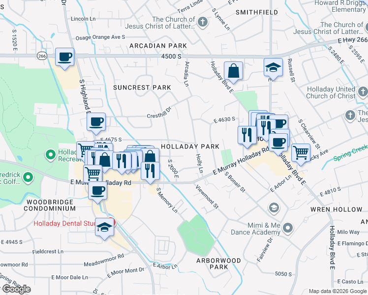 map of restaurants, bars, coffee shops, grocery stores, and more near 2051 East Sycamore Lane in Holladay