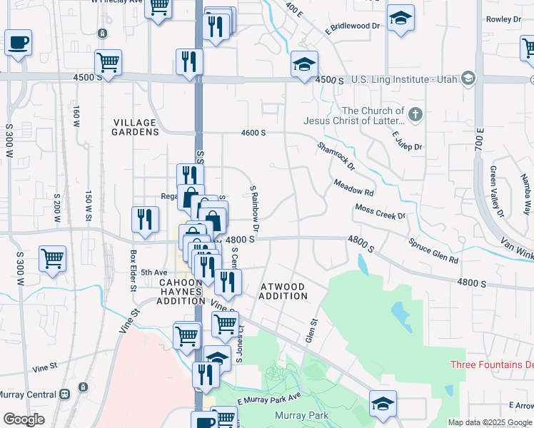 map of restaurants, bars, coffee shops, grocery stores, and more near 276 East Mountain View Drive in Murray