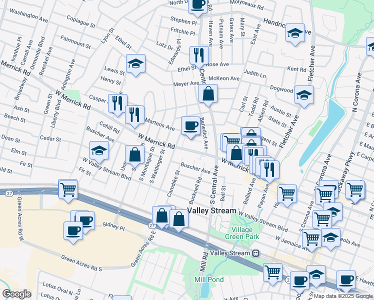 map of restaurants, bars, coffee shops, grocery stores, and more near 360 West Merrick Road in Valley Stream