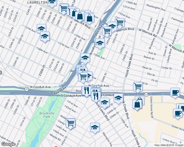 map of restaurants, bars, coffee shops, grocery stores, and more near 241-15 138th Avenue in Queens