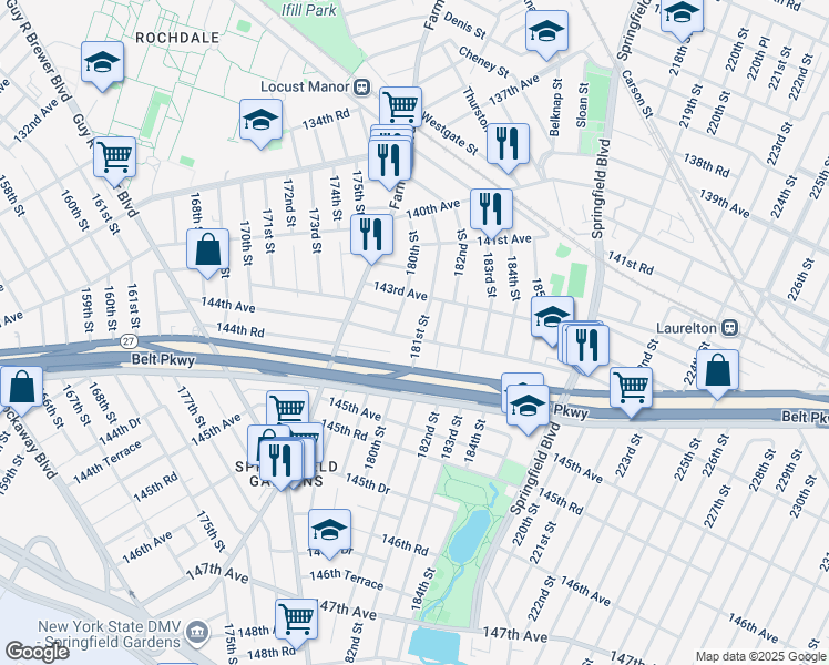 map of restaurants, bars, coffee shops, grocery stores, and more near 180-14 144th Avenue in Queens