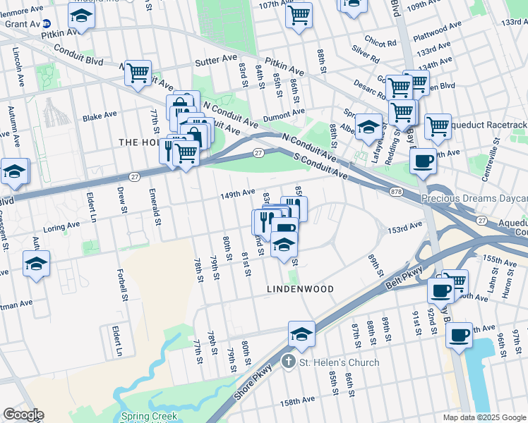 map of restaurants, bars, coffee shops, grocery stores, and more near 149-37 82nd Street in Queens