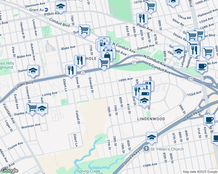 map of restaurants, bars, coffee shops, grocery stores, and more near 149-23 79th Street in Queens