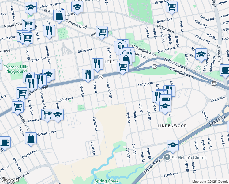map of restaurants, bars, coffee shops, grocery stores, and more near 601 Emerald Street in Brooklyn